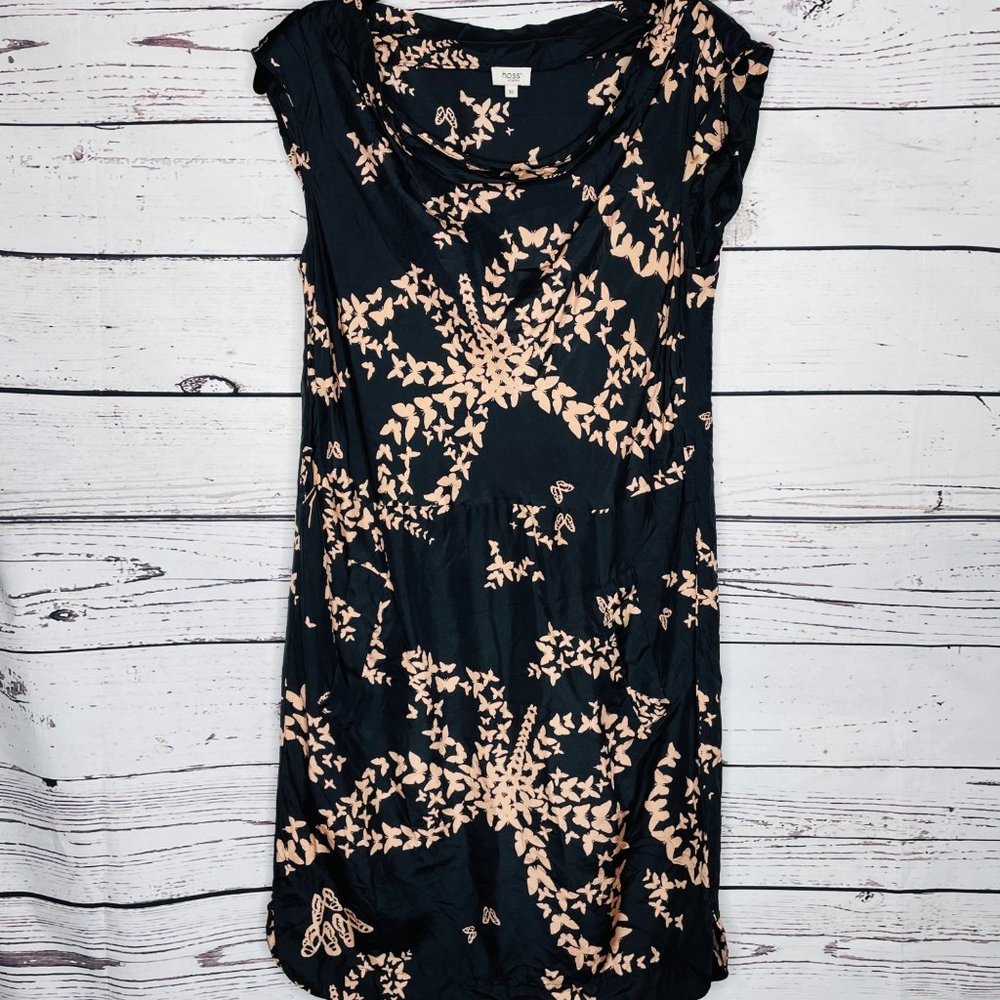 Hoss Intropia Dress Womens 36‎ Silk Sheath Butterfly Print Midi Short Sleeve